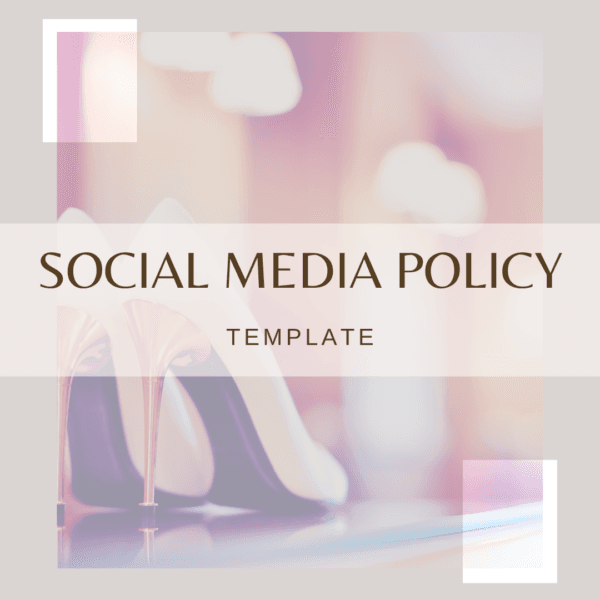 Elegant digital graphic promoting a Social Media Policy template for retail and fashion businesses, featuring high-heel shoes in a stylish design.