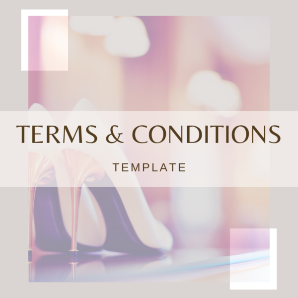 Elegant digital graphic promoting a Terms & Conditions template for retail and fashion businesses, featuring high-heel shoes in a stylish design