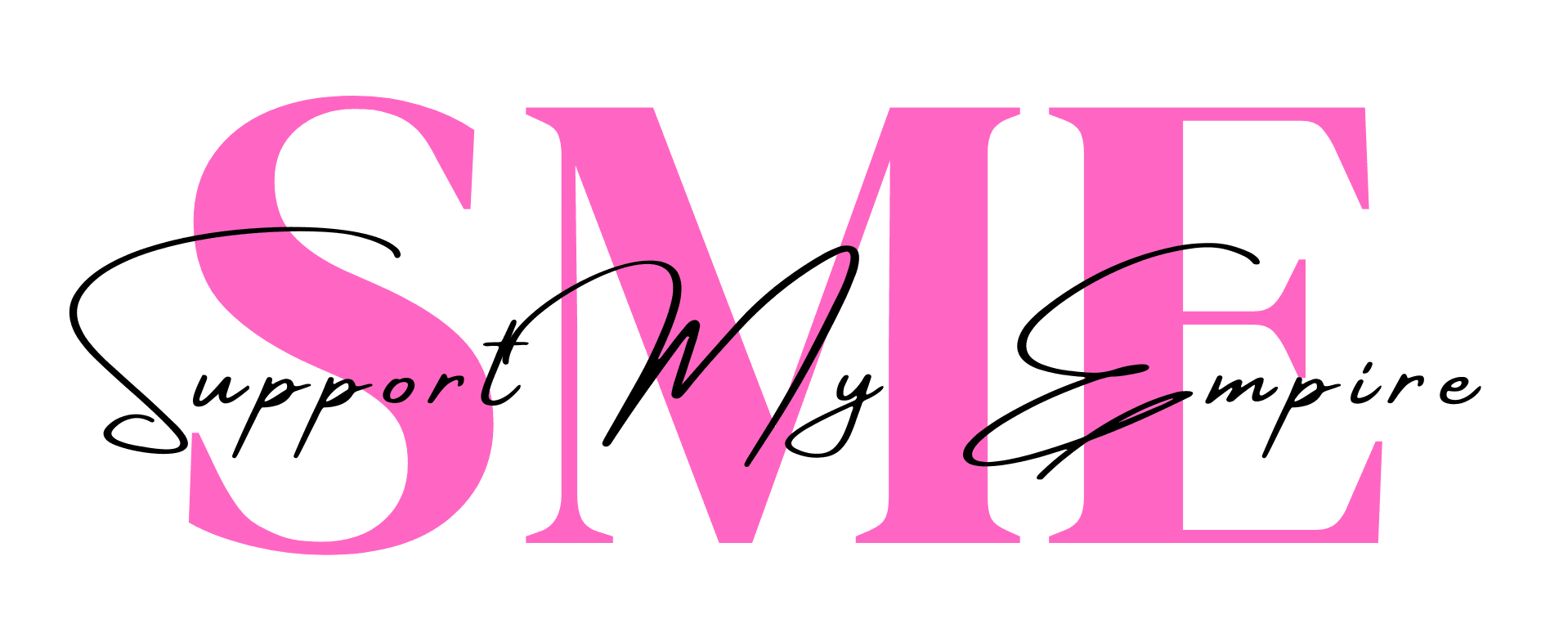 Support My Empire logo featuring bold pink SME lettering with an elegant black script overlay, representing business growth, retail strategy, and brand empowerment.