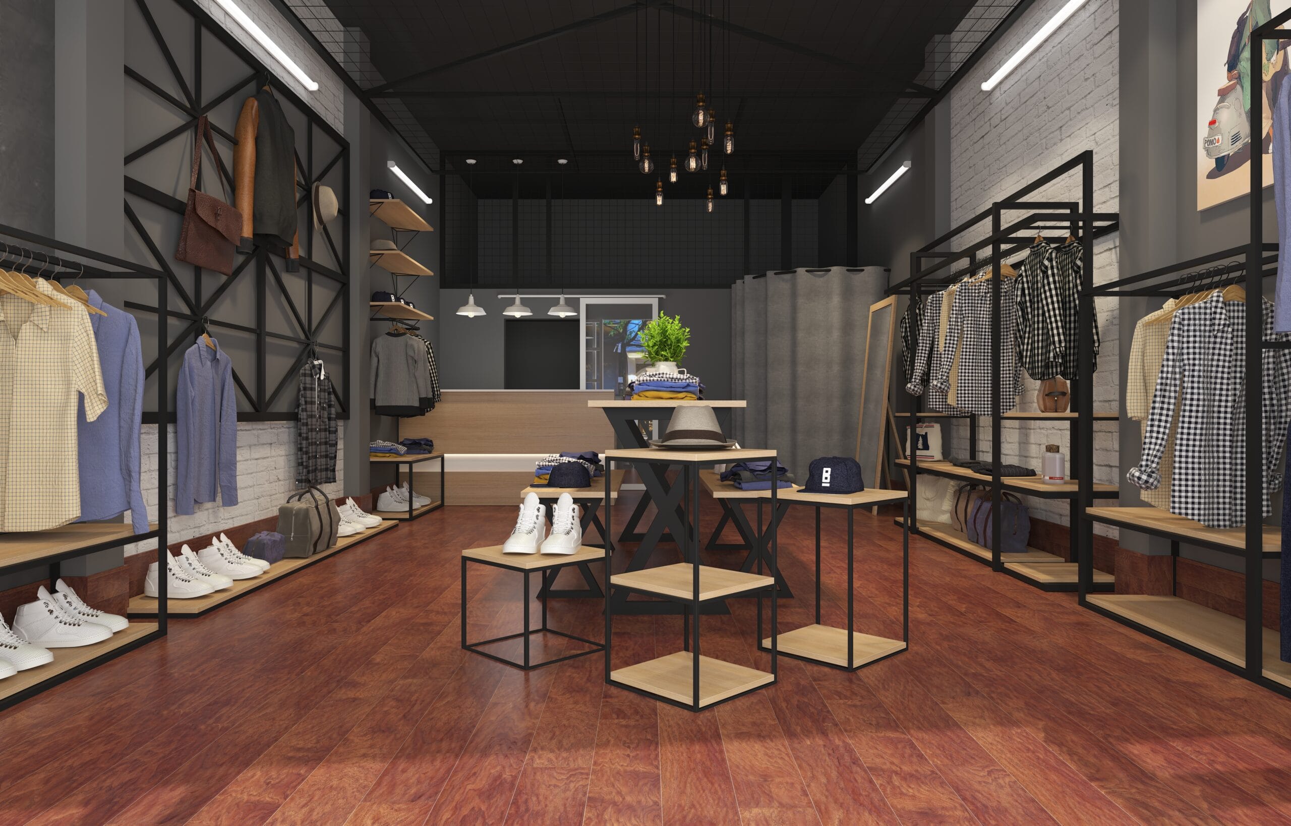 3D-rendered modern fashion store with wooden flooring, industrial shelving, and neatly arranged apparel and footwear, showcasing an optimized retail layout for customer engagement