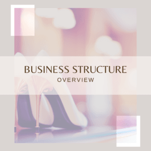 Overview of Business Structures - A stylish template cover for a business guide, featuring elegant high heels in the background with the title "Business Structure Overview" in a modern, minimalistic design.