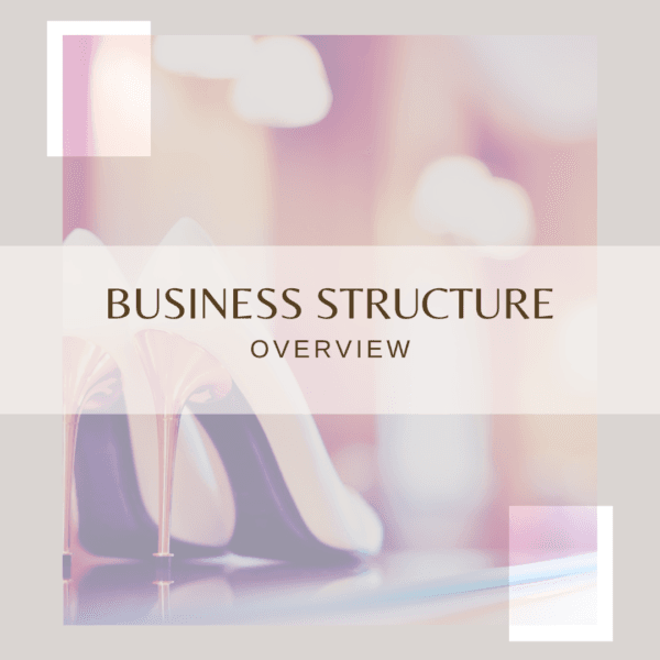 A stylish template cover for a business guide, featuring elegant high heels in the background with the title "Business Structure Overview" in a modern, minimalistic design.