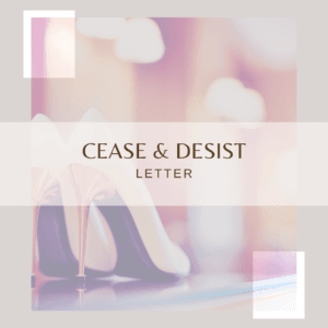 Cease and Desist Letter cover image featuring high-heel shoes with a soft, elegant background