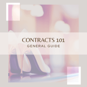 A visually appealing contract guide cover with a soft pink and gold theme, featuring high heels in the background, symbolizing sophistication and business professionalism.