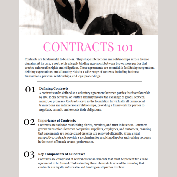 A stylish and professional contract guide page featuring high heels at the top, with bold pink text highlighting "Contracts 101" and structured sections defining contracts, their importance, and key components