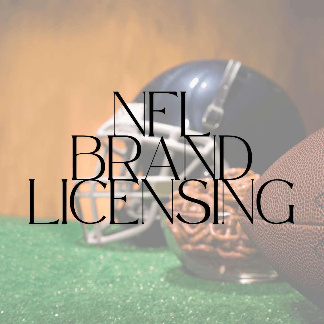 A visually striking promotional graphic featuring a football, helmet, and snacks, with the text "NFL Brand Licensing" overlaid in a bold, elegant font.