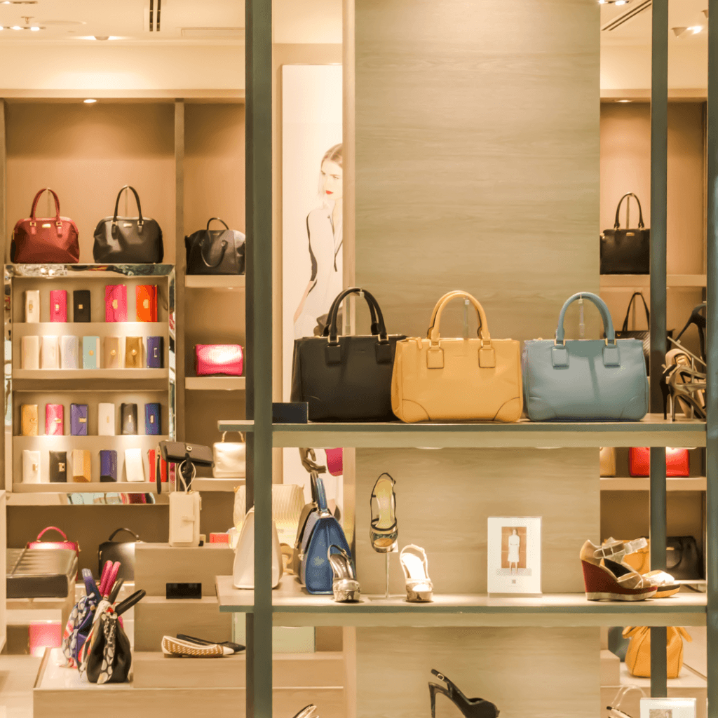 A luxury retail store display featuring an array of designer handbags, shoes, and accessories, elegantly arranged on shelves with warm lighting