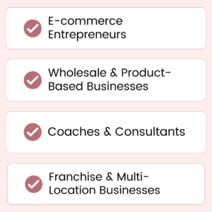 A soft pink business-targeting graphic with check-mark icons listing "E-commerce Entrepreneurs," "Wholesale & Product-Based Businesses," "Coaches & Consultants," and "Franchise & Multi-Location Businesses."