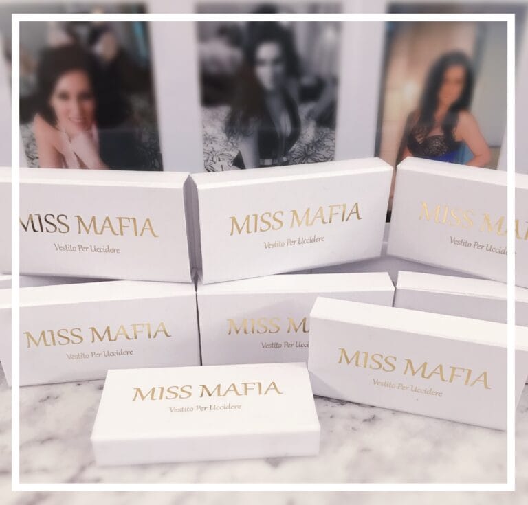Miss Mafia product packaging boxes with logo and Italian slogan