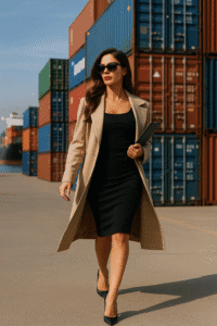 Confident woman in sunglasses and heels walking through a shipping port, symbolizing strength, control, and modern trade strategy for retail brands