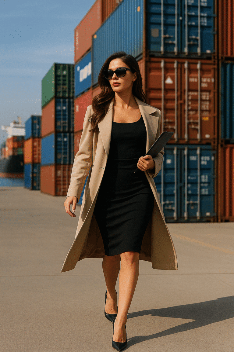 Confident woman in sunglasses and heels walking through a shipping port, symbolizing strength, control, and modern trade strategy for retail brands