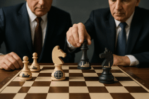 Leaders playing chess with trade-themed pieces symbolizing global tariffs, shipping, factories, and negotiation strategy.