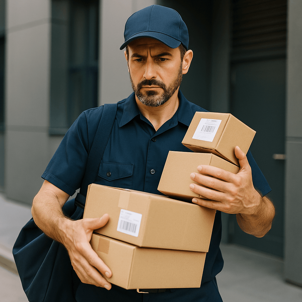 Mailman carrying multiple packages with a serious expression outside a modern building, representing shipping logistics and import scrutiny.